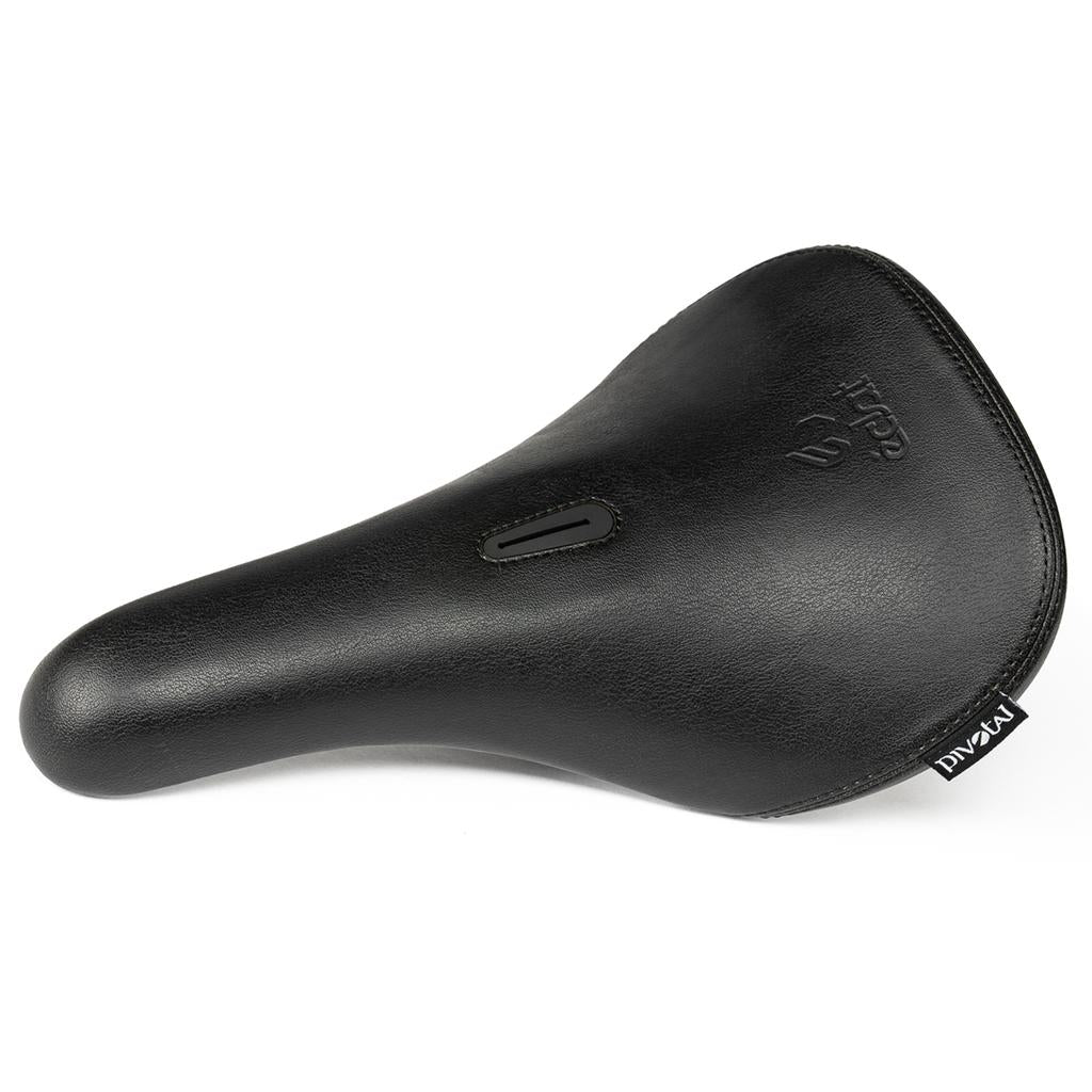 The Eclat Exile Pivotal Seat is a black ergonomic BMX seat with a textured surface, center cut-out, small "DIVINE" fabric side tag, and a custom-designed pivotal base for enhanced comfort and control.
