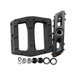 The Eclat Seeker Pedal Body/Hardware includes black pedal bodies with textured surfaces (shown from top and side) plus assorted replacement parts such as nuts, washers, and caps.