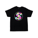 The Sunday V2 Badge T-Shirt features a bold, colorful brush-stroke “S” inside a circle on the front—a striking black streetwear tee perfect for making a statement.