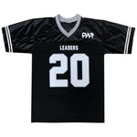 Introducing the Cult Leaders Jersey, a limited edition football jersey showcasing a black design with the white number 20 and "LEADERS" prominently displayed on the front. The gray collar and cuffs are accented with white trim, making it an essential piece for any Cult Crew fan.