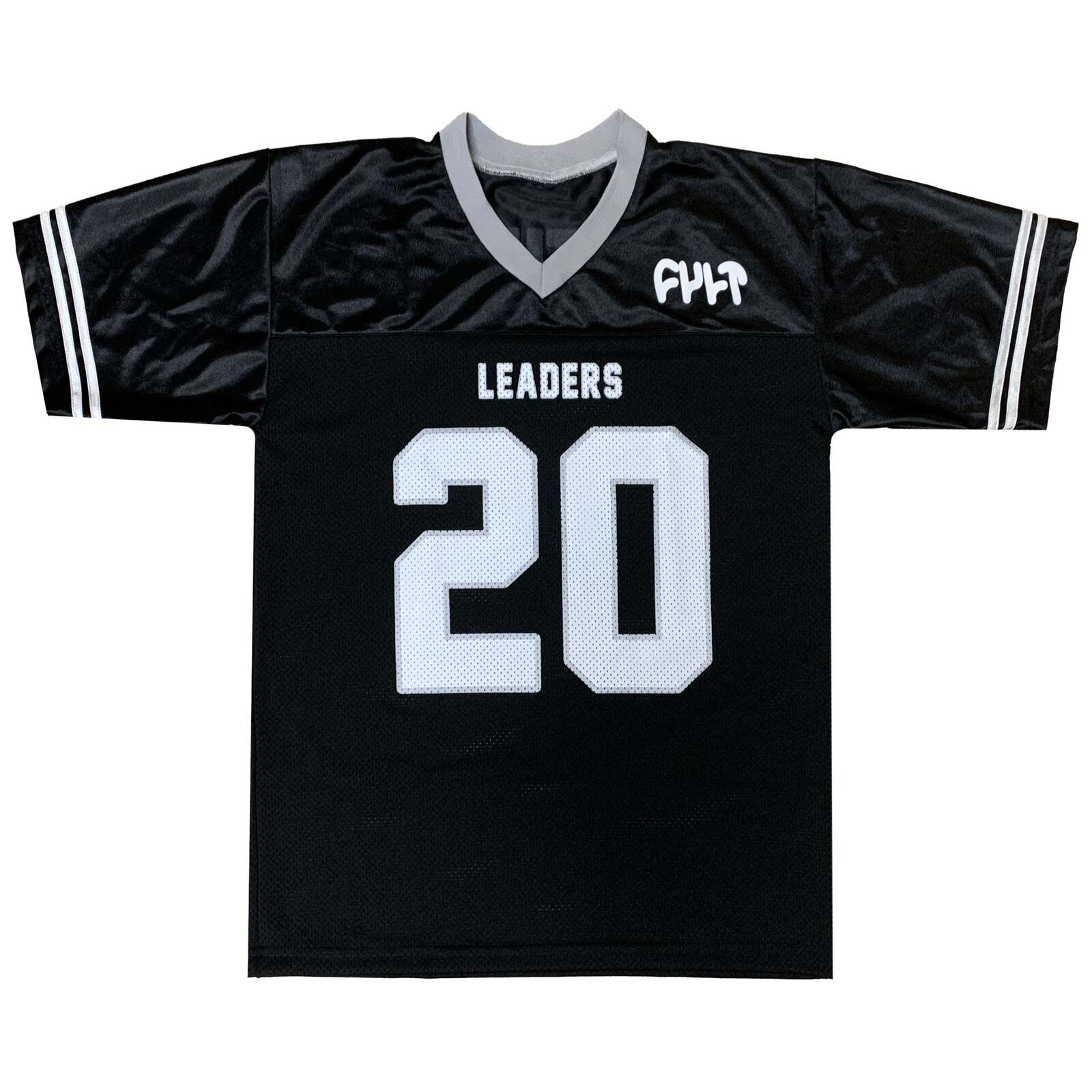 The Cult Leaders Jersey is a standout piece from the exclusive Cult Crew collection, showcasing black with grey accents and featuring the number 20 with "LEADERS" in crisp white. A logo adorns the top right. Available in limited quantities, it's perfect for any sports enthusiast.