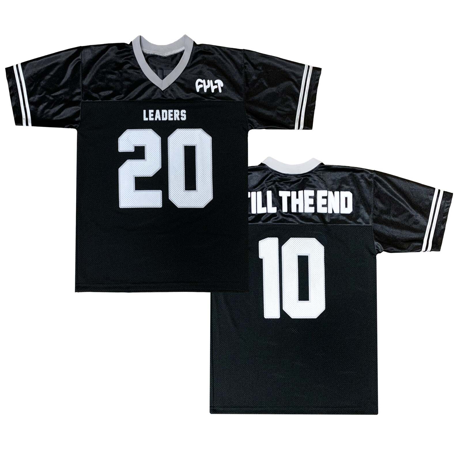 Two black Cult Leader jerseys featuring white stripes are available. One is emblazoned with "Leaders" and the number 20, while the other sports "Will The End" with the number 10. These exclusive items from the Cult Crew collection are being offered in limited quantities.