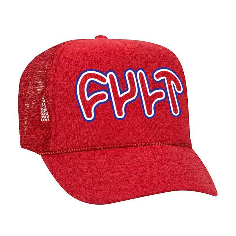 Cult Patriot Trucker Hat showcasing "CULT" in bold blue and white bubble letters on the front, embodying a timeless style with a nod to classic foam trucker design.