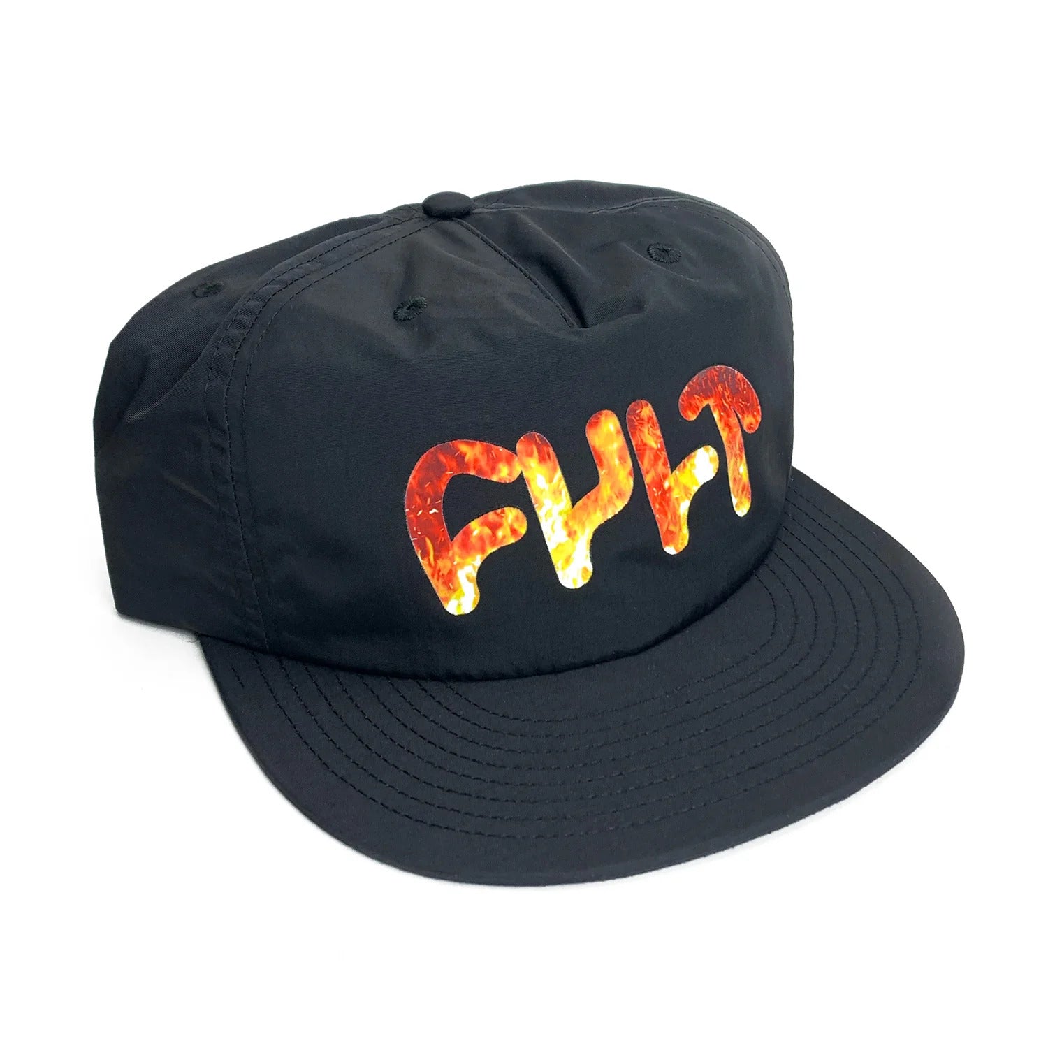 Introducing the Cult Hell Cap: a black cap showcasing "FHT" in bold, fiery letters on the front and designed with a lightweight snapback for maximum comfort.