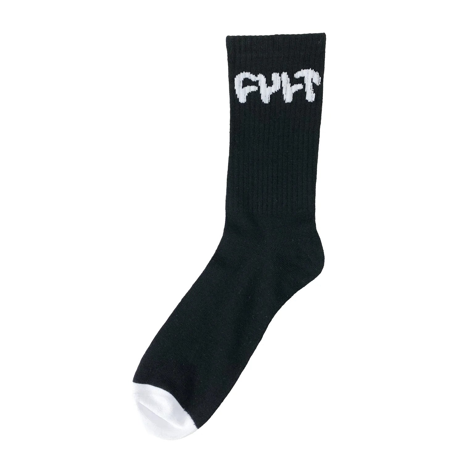 The Cult Logo Socks are unisex and come in black, showcasing the word "CULT" in bold white lettering near the top. They feature a white toe for a contrasting look and are designed for comfort and style, making them an excellent addition to any wardrobe with their one-size-fits-most fit.