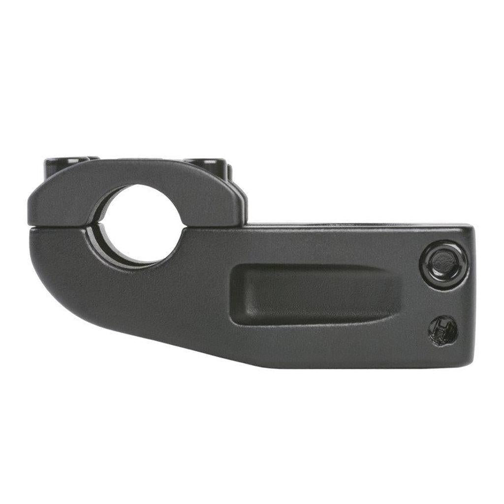 The Sunday Freeze T/L Stem is a sleek black metal bicycle stem made from die-cast aluminum. Its top-load design features a cylindrical clamp for handlebars, combining durability with style.