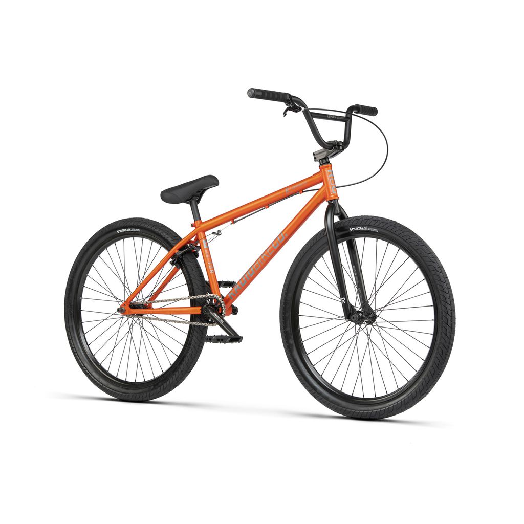 An orange Radio 26 Inch Ceptor Bike with black handlebars, a black seat, and black tires, featuring sealed bearings for a smooth ride.