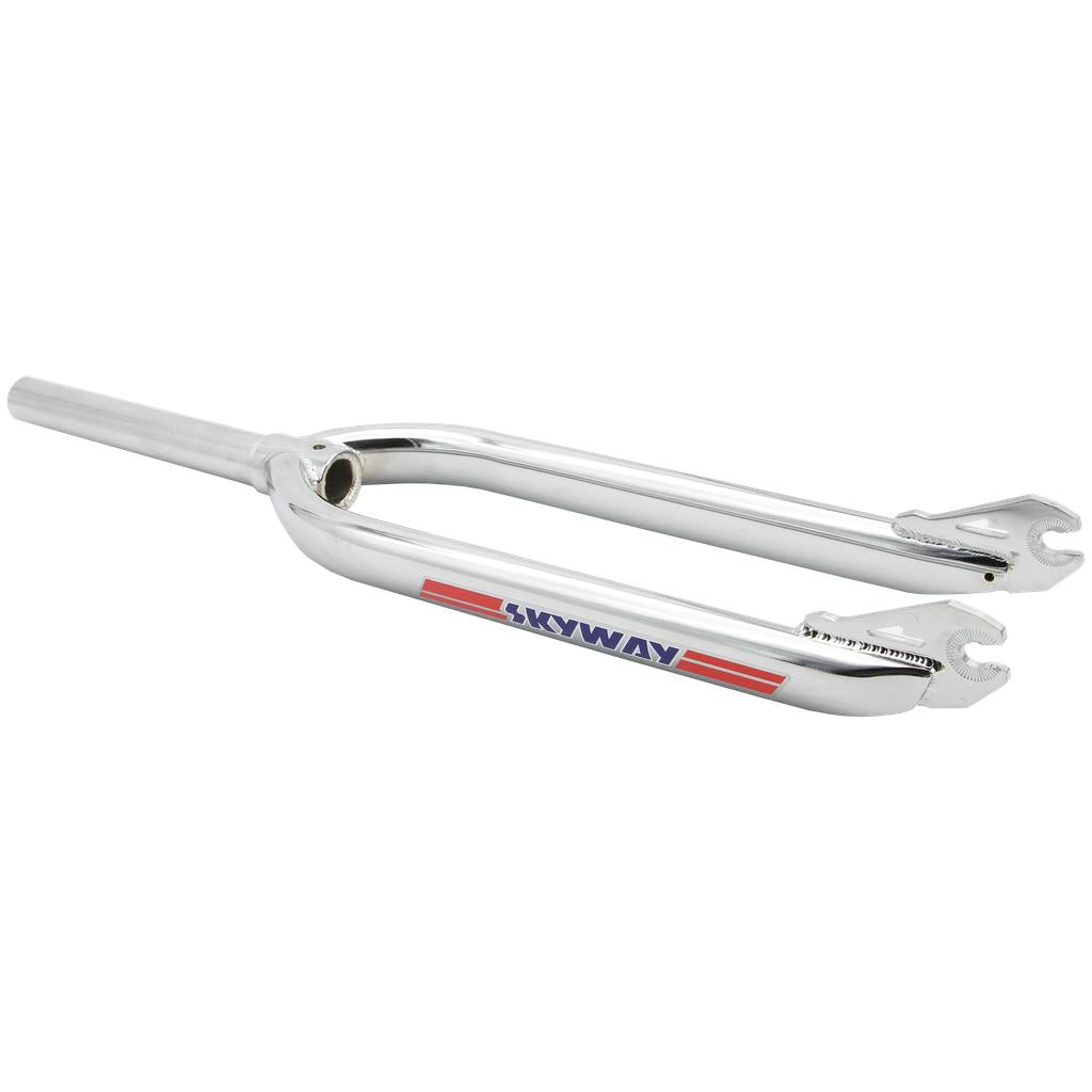 The Skyway 26 Inch Frame/Forks/Bars Kit includes a chrome fork with "Skyway" branding and red stripes, made from chromoly teardrop tubing and featuring dropout slots—an ideal upgrade for your BMX build.