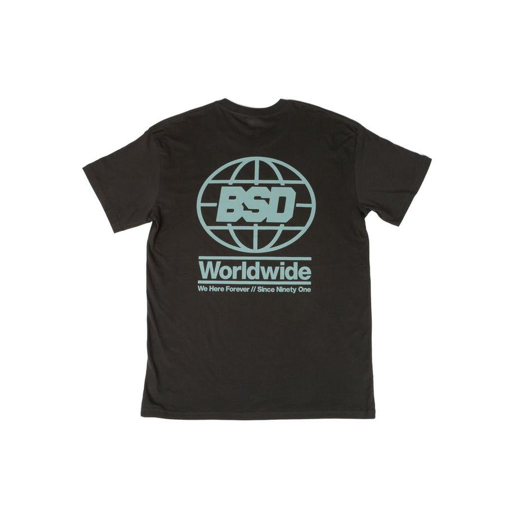 The BSD We Here Forever T-Shirt is a black cotton tee featuring a blue globe with "BSD" inside and "Worldwide We Here Forever // Since Ninety One" printed below on the back.