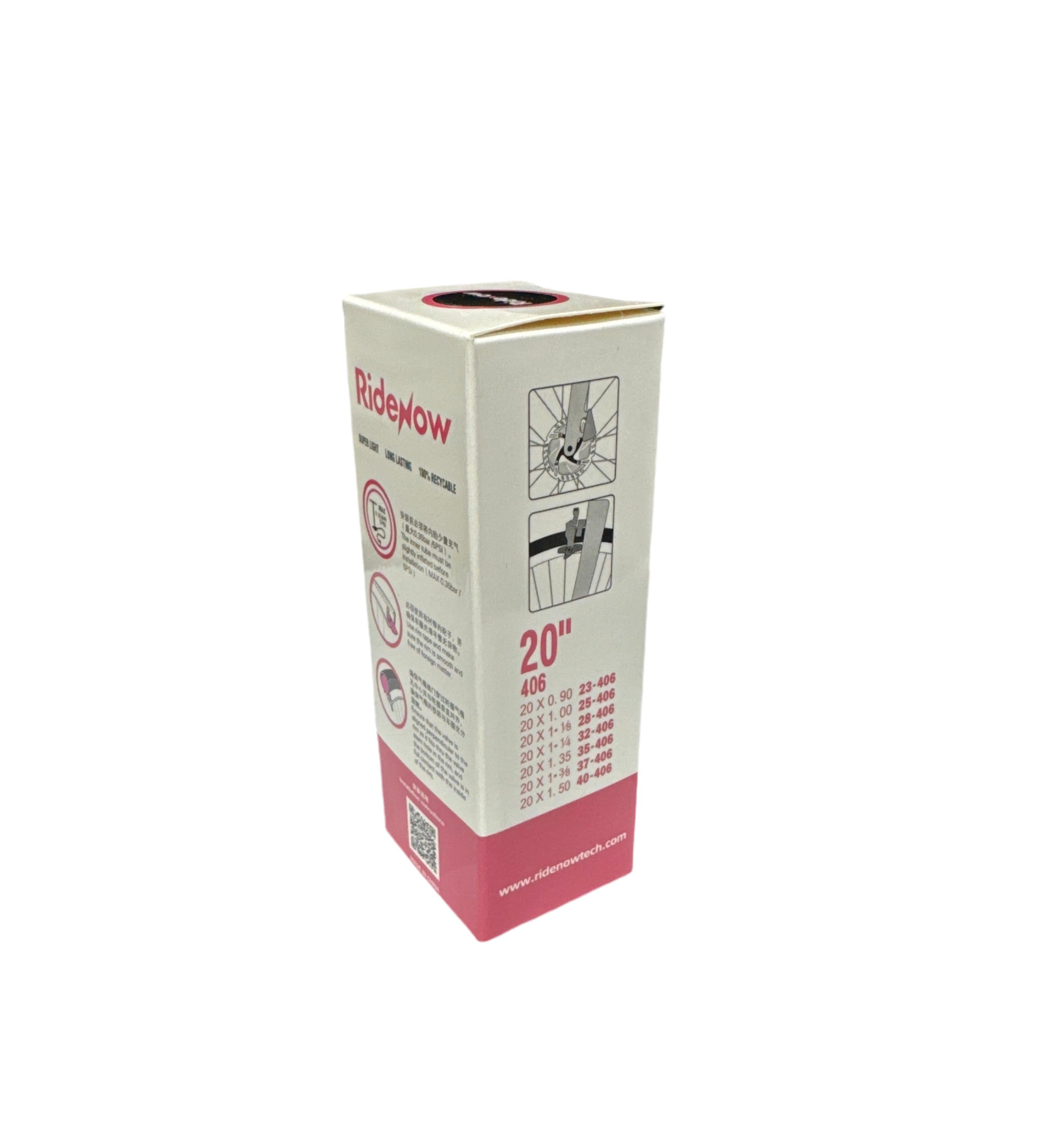 A RideNow 20 Inch Tube Presta Valve (French Valve) box for 20-inch wheels, showing product details, a size chart, and instructions on its white and pink packaging.
