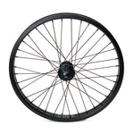 The Cult Devotion 20 Inch Rear Cassette Wheel, in black, boasts a double-walled rim and a sealed 9t driver, with a sleek side view highlighting its sturdy spokes.