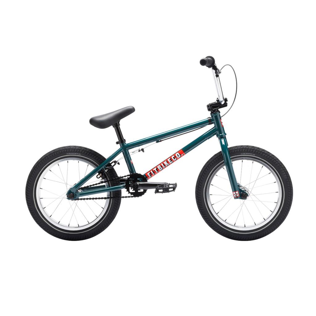 A teal Fit Bike Co Misfit 16 BMX bike for kids, featuring black handlebars, seat, pedals, and tires; white rims; and a bold red "FitBikeCo" logo on the frame.