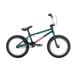 A teal Fit Bike Co Misfit 16 BMX bike for kids, featuring black handlebars, seat, pedals, and tires; white rims; and a bold red "FitBikeCo" logo on the frame.