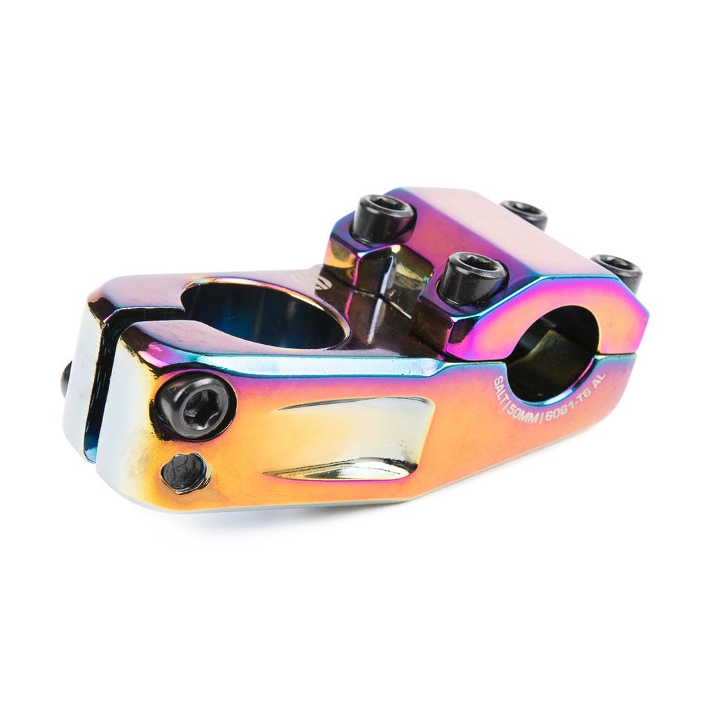 Introducing the Salt Am V2 Top Load Stem (22.2mm Clamp) for BMX bikes, featuring an anodized iridescent finish, four top hex bolts, and a sturdy clamp for secure handlebar attachment—an affordable upgrade that combines bold style with reliable performance.