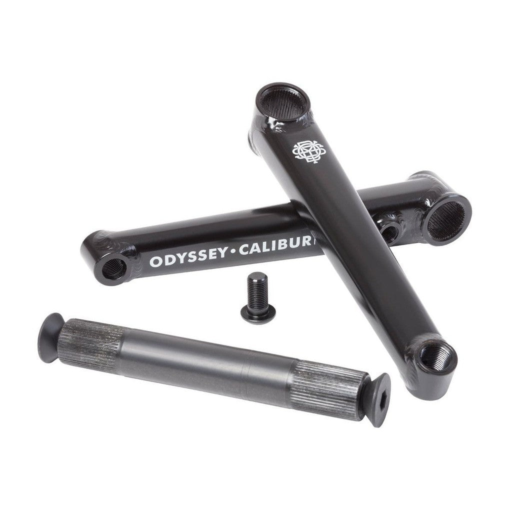 The Odyssey Calibur V2 Cranks, with "ODYSSEY CALIBUR" text, features two durable 4130 chromoly arms and a spindle, all elegantly set on a white background.