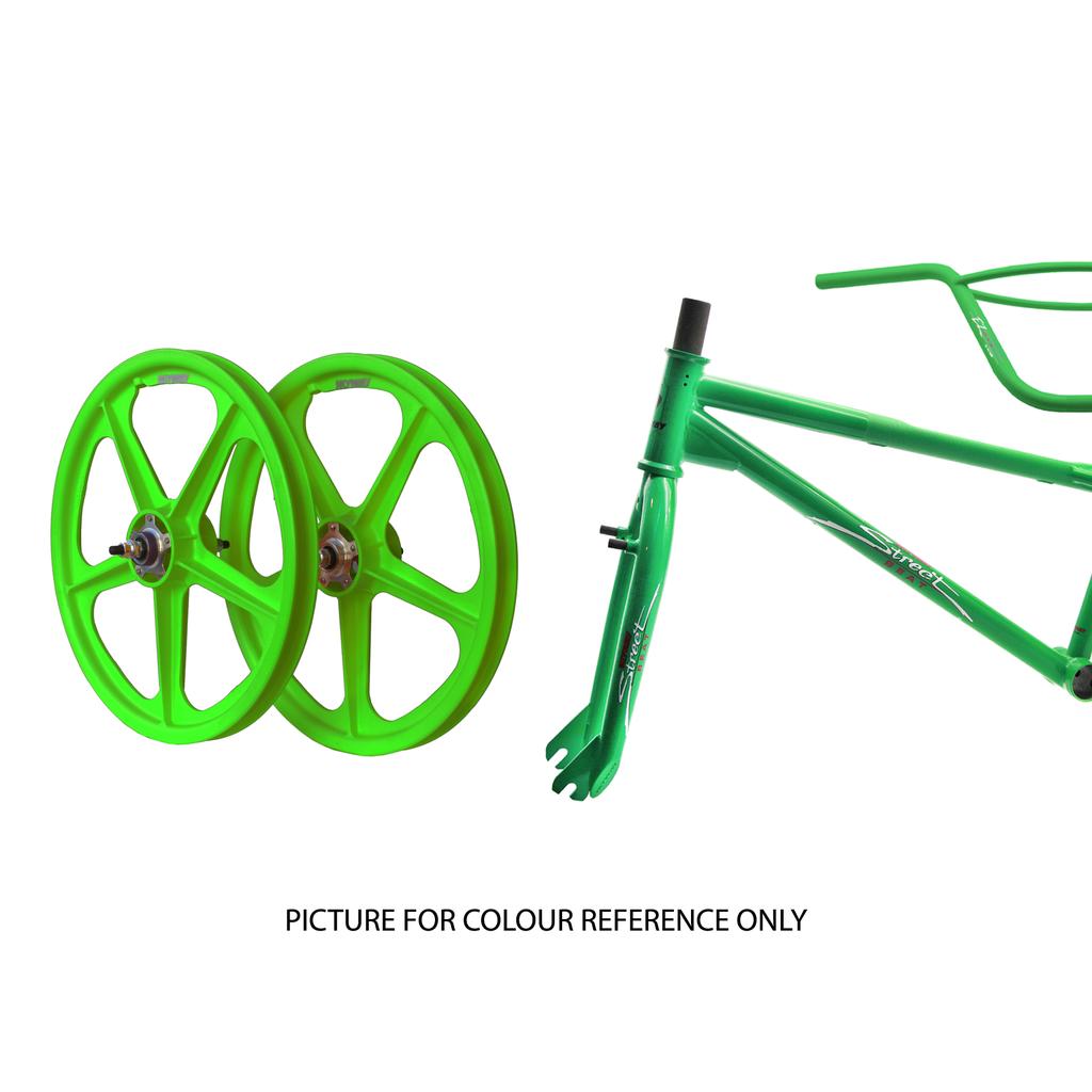 The Skyway Street Beat EX 20 Inch Bike frame and two bright green matching wheels are shown separately on a white background. Text below says: "PICTURE FOR COLOUR REFERENCE ONLY.