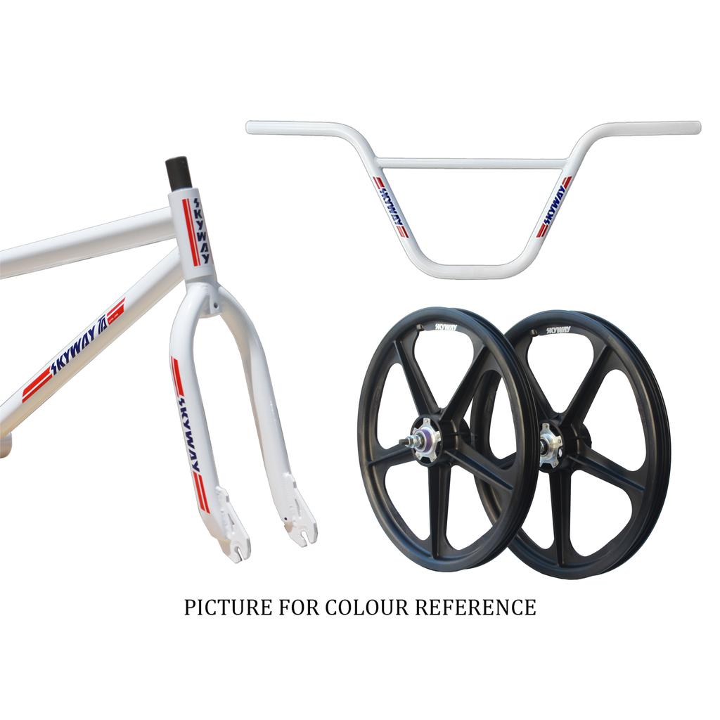 Skyway TA 20 EX Replica 20 Inch Bike (2026) shown in white with red and blue striping; includes matching frame, fork, handlebars, and two black Skyway Tuff Wheel II mag wheels. PICTURE FOR COLOUR REFERENCE.