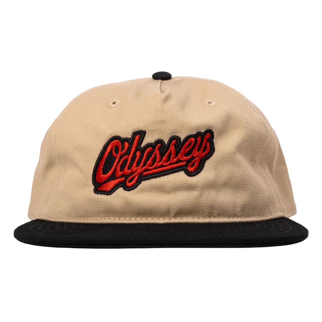 The Odyssey Slugger Cap features a beige crown, black brim, and the Slugger logo with "Odysseys" embroidered in red and black script on the front—perfect for your holiday collection.