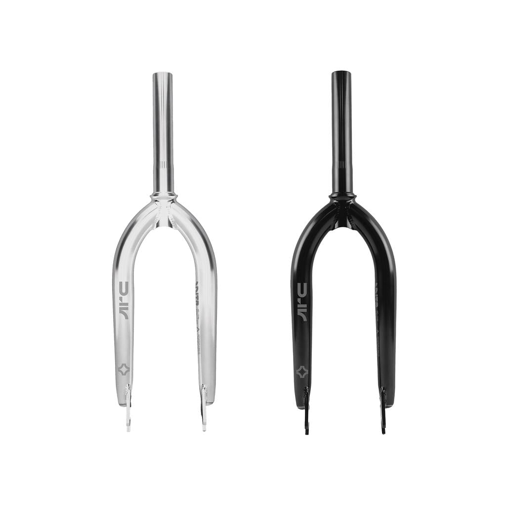 The Wethepeople ARC Fork, a Murray Loubser signature BMX fork, is shown in both silver and black finishes side by side against a white background, each featuring the same design and logo.