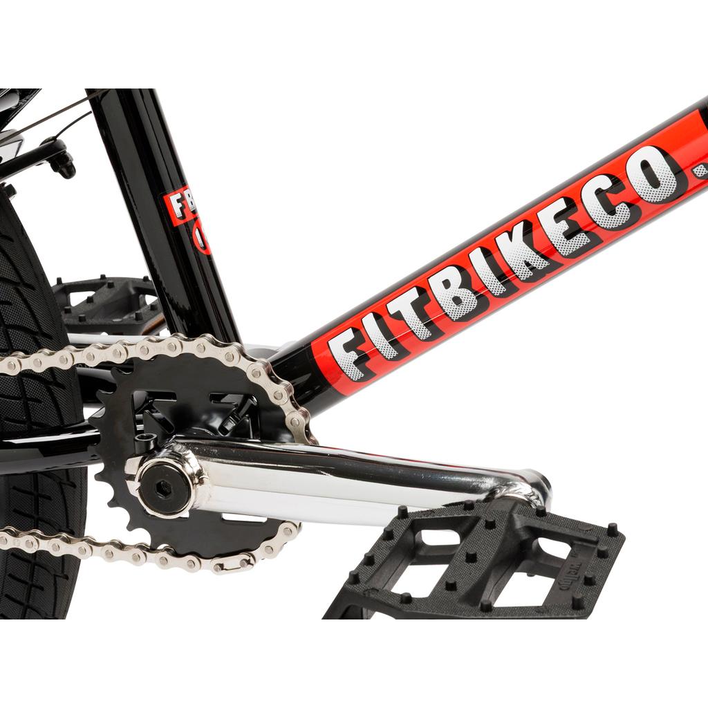 Close-up of the black Fit Bike Co Misfit 18 Inch Bike showing crank, chainring, pedal, and rear wheel—highlighting key details of this youth BMX model.