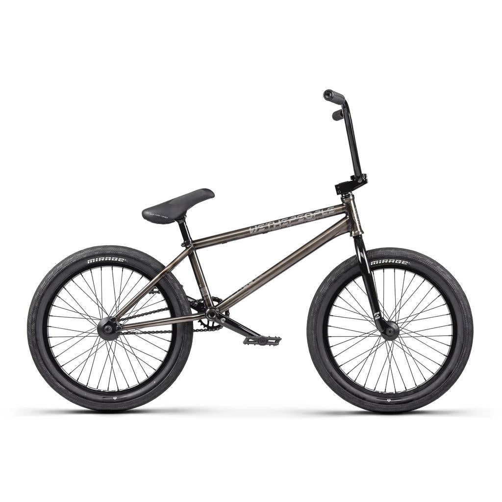 A side view of a Wethepeople Envy 20 Inch Bike featuring a black chromoly frame, black seat, handlebars, and tires, displayed against a plain white background.