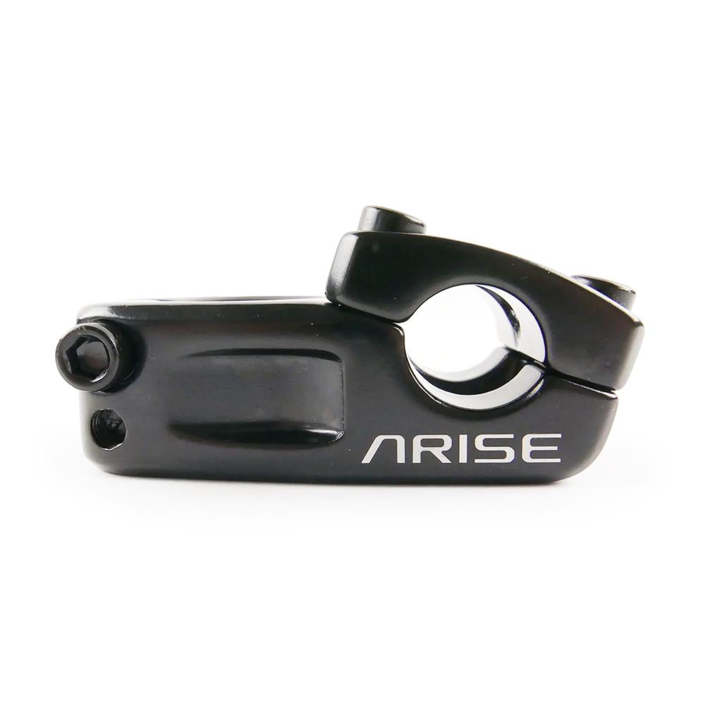 The Arise Cobalt Junior Top Load Stem is crafted from 6061-T6 alloy, features "ARISE" printed on its black side, a cylindrical handlebar opening, 40mm reach, and a secure bolt.