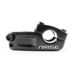 The Arise Cobalt Junior Top Load Stem is crafted from 6061-T6 alloy, features "ARISE" printed on its black side, a cylindrical handlebar opening, 40mm reach, and a secure bolt.