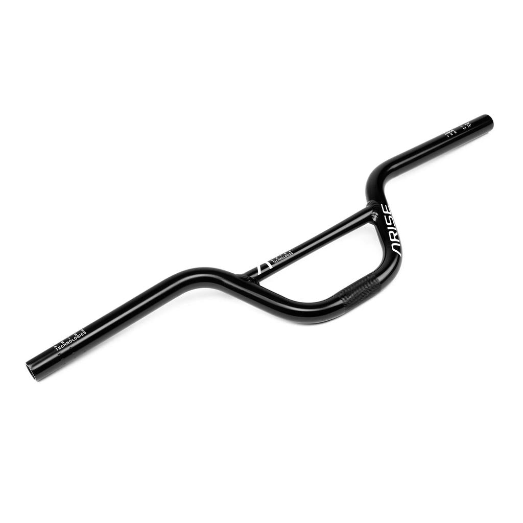 The Arise Xenon Junior Handlebar is a black 6061-T6 alloy high-rise bicycle handlebar with white branding and measurement markings. Lightweight and durable, it offers style and performance for riders.