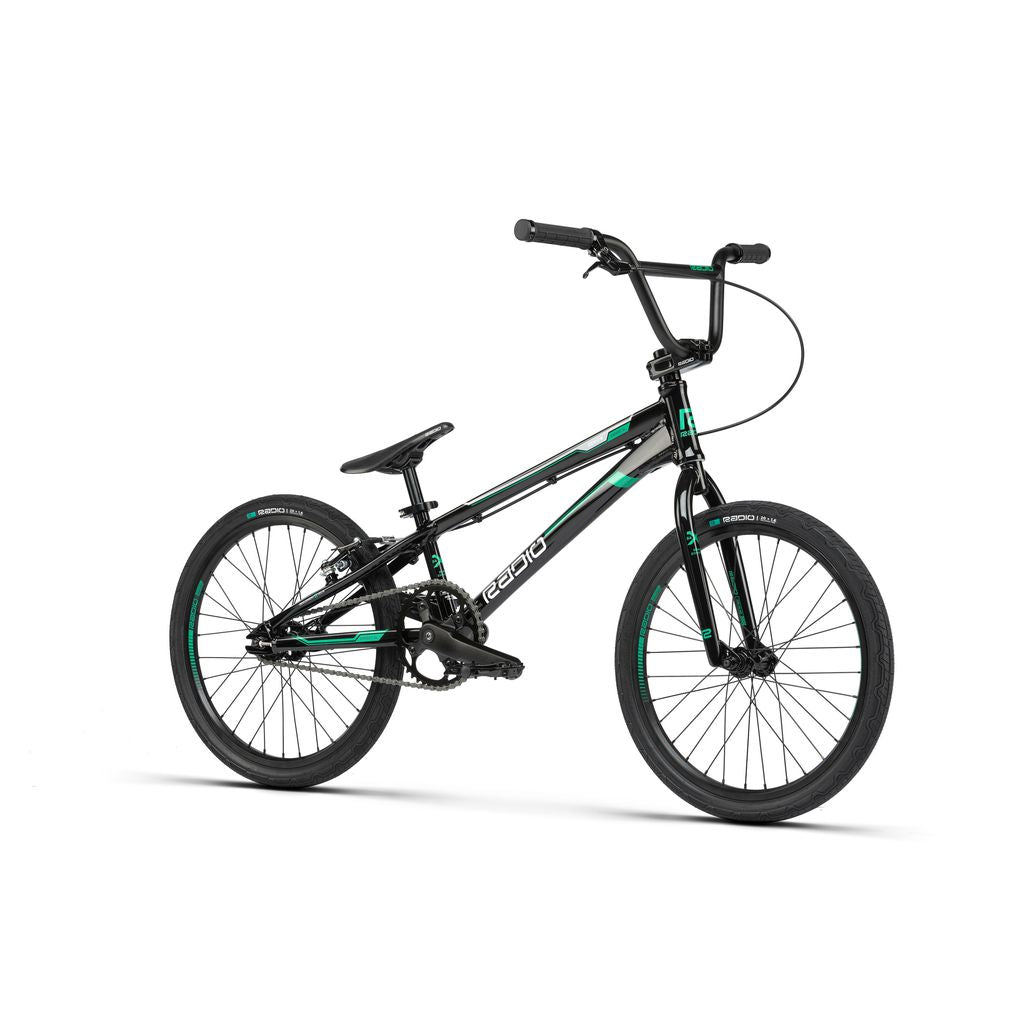 A black and green Radio Xenon Expert XL BMX race bike.