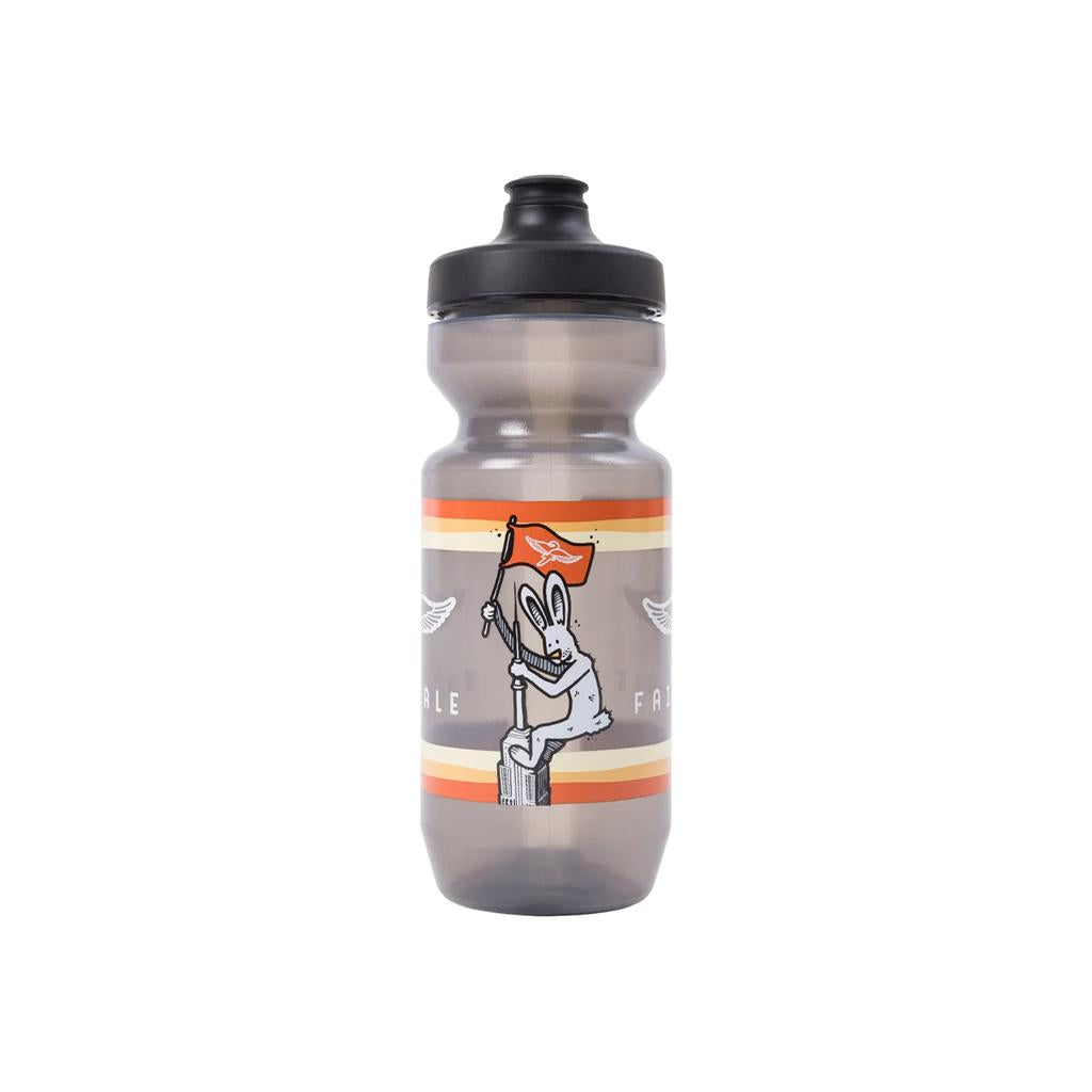 The Fairdale Elevator Water Bottle is a translucent gray, BPA-free bottle with a black lid, showing a rabbit holding a red flag and climbing a pole against orange and yellow striped background.