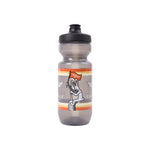 The Fairdale Elevator Water Bottle is a translucent gray, BPA-free bottle with a black lid, showing a rabbit holding a red flag and climbing a pole against orange and yellow striped background.