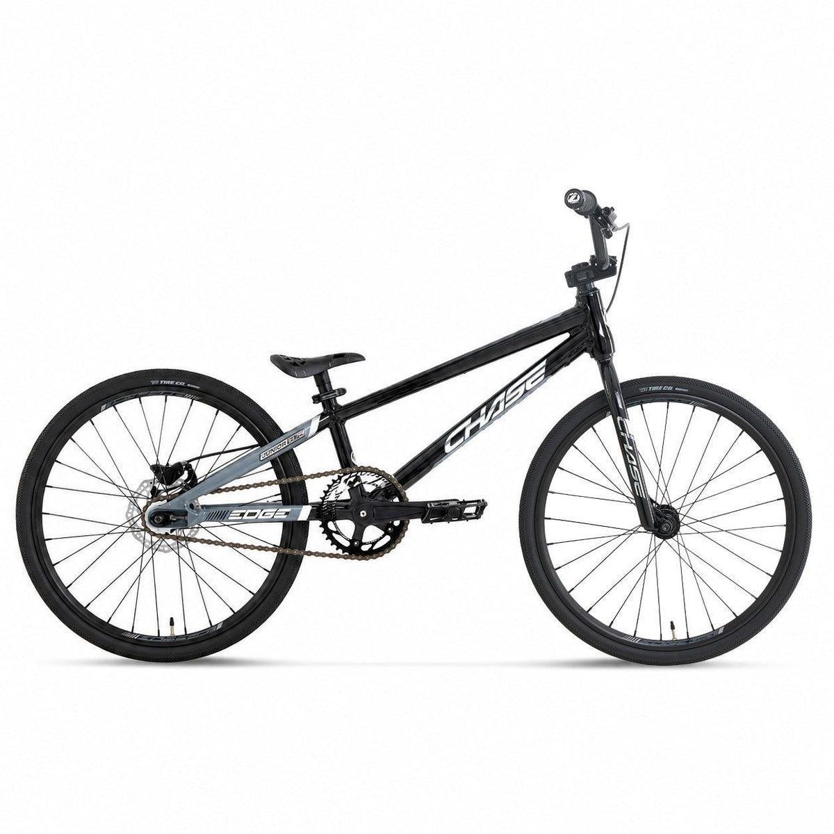 The Chase Edge Junior Race Bike (2027) is a black and gray BMX race bike featuring thin tires, upright handlebars, a narrow seat, and prominent “CHASE” branding on its hydroformed aluminium frame with an integrated head tube, displayed in profile against a white background.