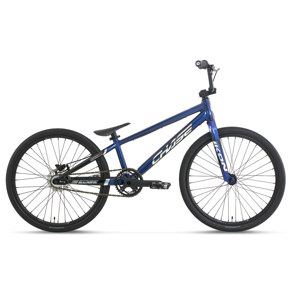 A side profile view of the Chase Edge Pro Cruiser CF Race Bike (2027) is shown on a white background, featuring a blue frame, black tires, flat pedals, a carbon fork, and a single gear.
