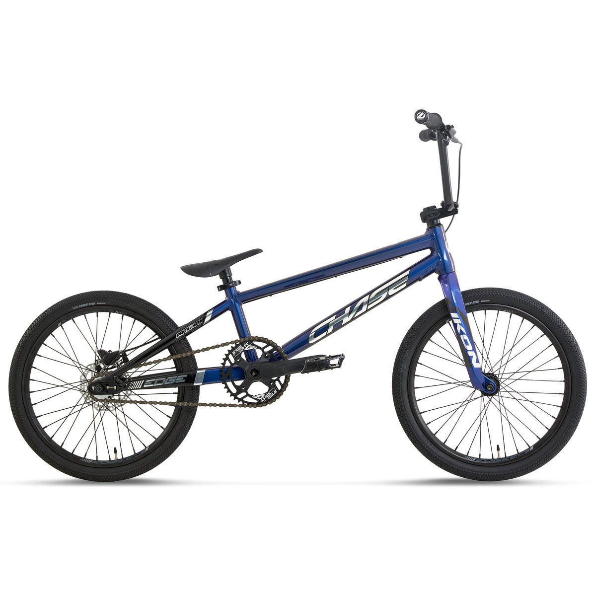 Chase Edge Pro XL CF Race Bike (2027) in blue, shown in profile on a white background, features black wheels, a minimalist frame design, and a Chase Edge CF carbon fork.