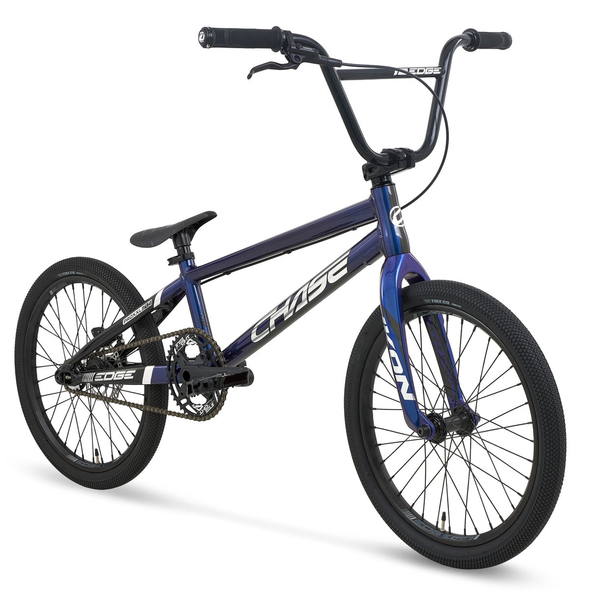 The Chase Edge Pro XXL CF Race Bike (2027) is displayed on a white background, showcasing its blue and black color scheme, lightweight frame, wide handlebars, thick tires, and a carbon fork designed for enhanced performance.