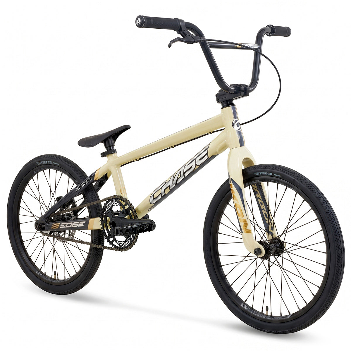 A tan Chase Edge Expert XL CF Race Bike (2027) with black handlebars, seat, and wheels, featuring the word “CHASE” on the frame. This model is equipped with a Chase Edge CF carbon fork for enhanced performance and control.