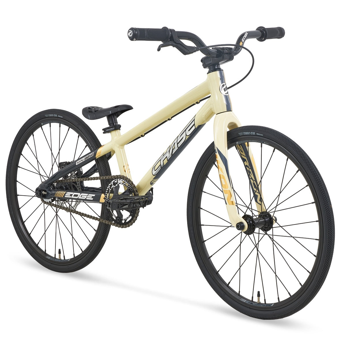 A Chase Edge Mini CF Race Bike (2027) in beige, featuring a carbon Chase Edge CF fork, black handlebars, seat, wheels, and chain, is displayed at a slight left-facing angle against a white background.