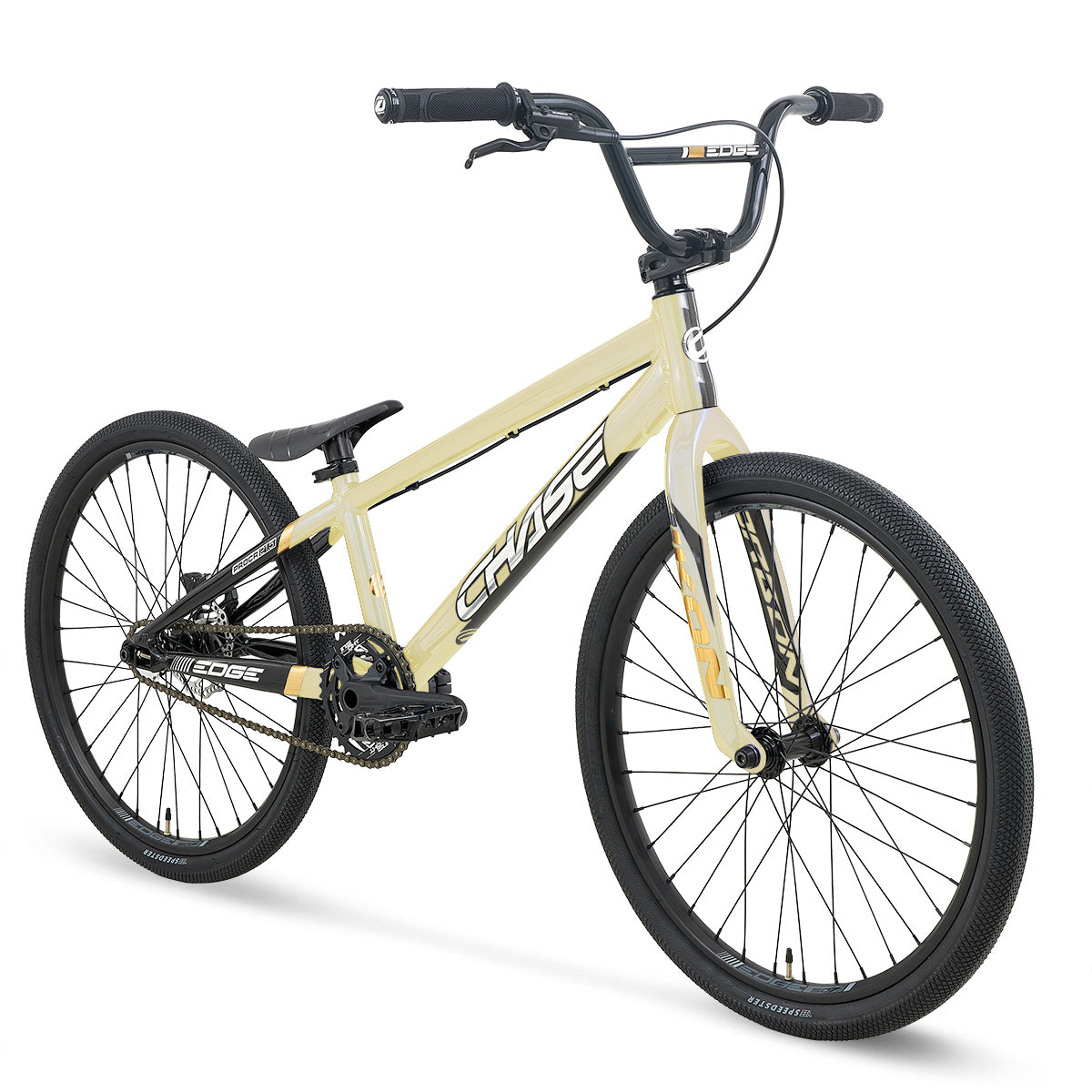A yellow Chase Edge Pro Cruiser CF Race Bike (2027) is shown from a front-side angle on a white background, featuring black tires, black handlebars, and “CHASE” branding on the frame. This BMX race bike includes a lightweight carbon fork for enhanced performance.