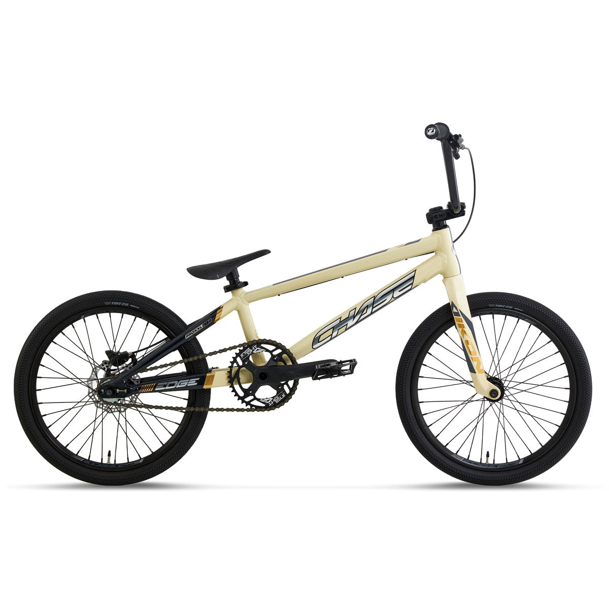 Side view of the Chase Edge Pro XXL CF Race Bike (2027) in beige, featuring black handlebars, pedals, and wheels. The bike showcases “CHASE” branding on the frame, sports a minimalist design, and is equipped with a Chase Edge CF carbon fork for enhanced performance.