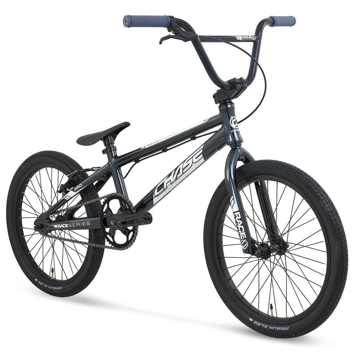 A Chase Race Series Pro Race Bike (2027) in black, featuring “CHASE” branding, two large tires, a straight handlebar, and a padded saddle is displayed on a white background. This entry-level model from the Chase Race Series Pro line is designed for riders ready to begin their BMX racing journey.
