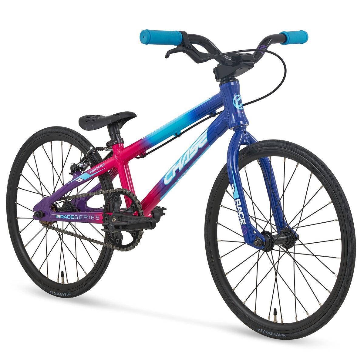 Certainly! Here’s a revised version of the sentence using your product data: The Chase Race Series Micro 18 Race Bike (2027) is an 18-inch BMX bike featuring a gradient blue and pink frame, black wheels, blue handlebar grips, and a black seat—all displayed on a white background—making it perfect as a kids’ BMX race bike.