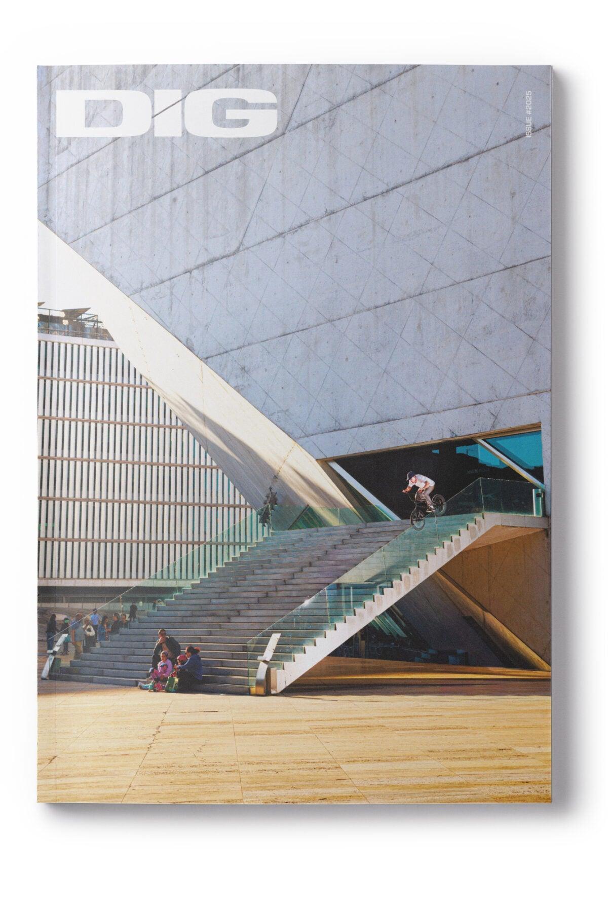A cyclist rides up an outdoor staircase next to a modern building as people sit on the steps. The DIG Book Issue 2025 logo appears at the top.