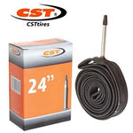 A CST TUBE 24 X 1-3/8 Inch - Presta Valve 60mm branded box labeled "24"" next to a rolled-up bicycle tube with a Presta Valve stem.