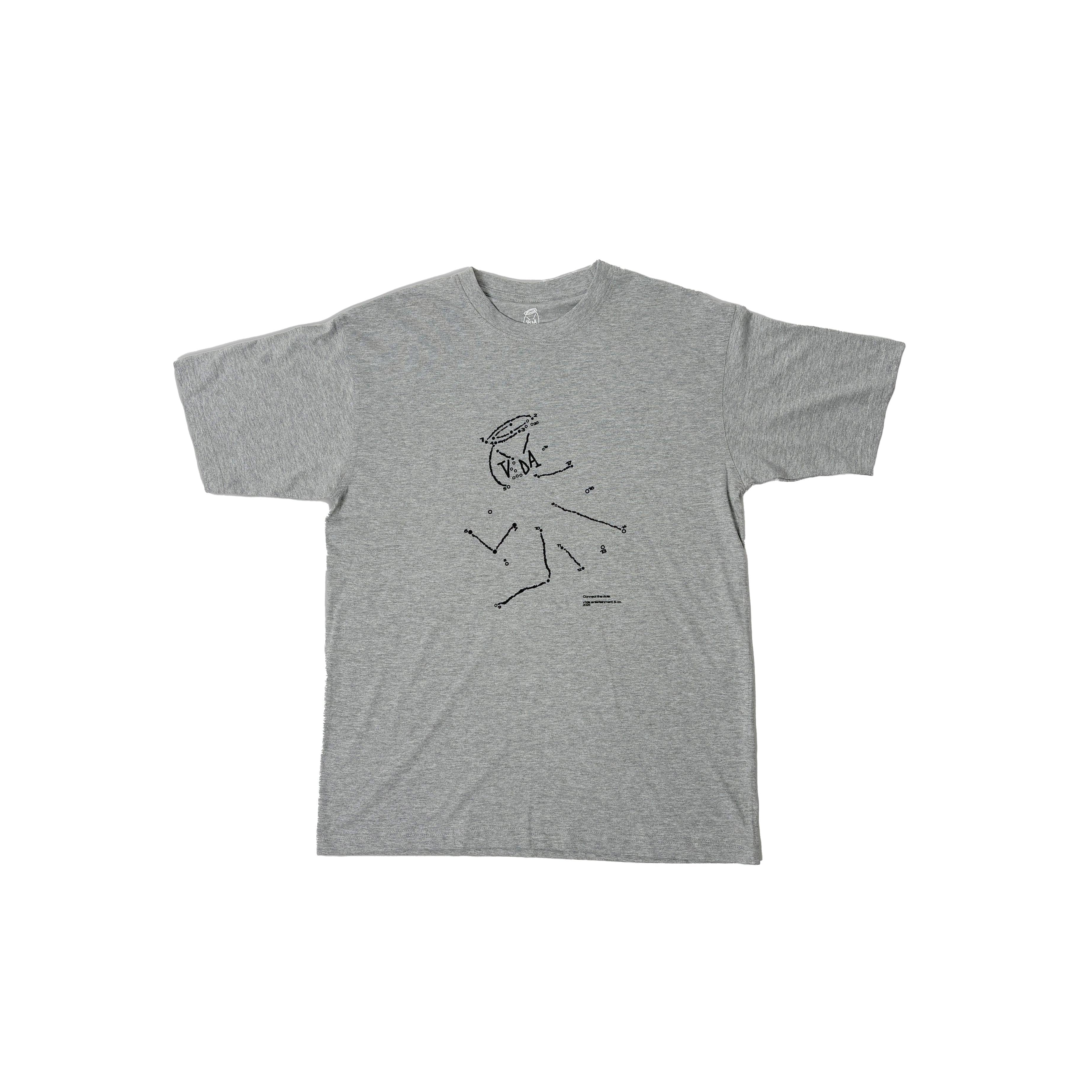 The V1da Connect The Dots T-shirt from LUXBMX is a grey cotton tee with a minimalist black line drawing of a running figure on the front—ideal for fans of standout BMX brands.