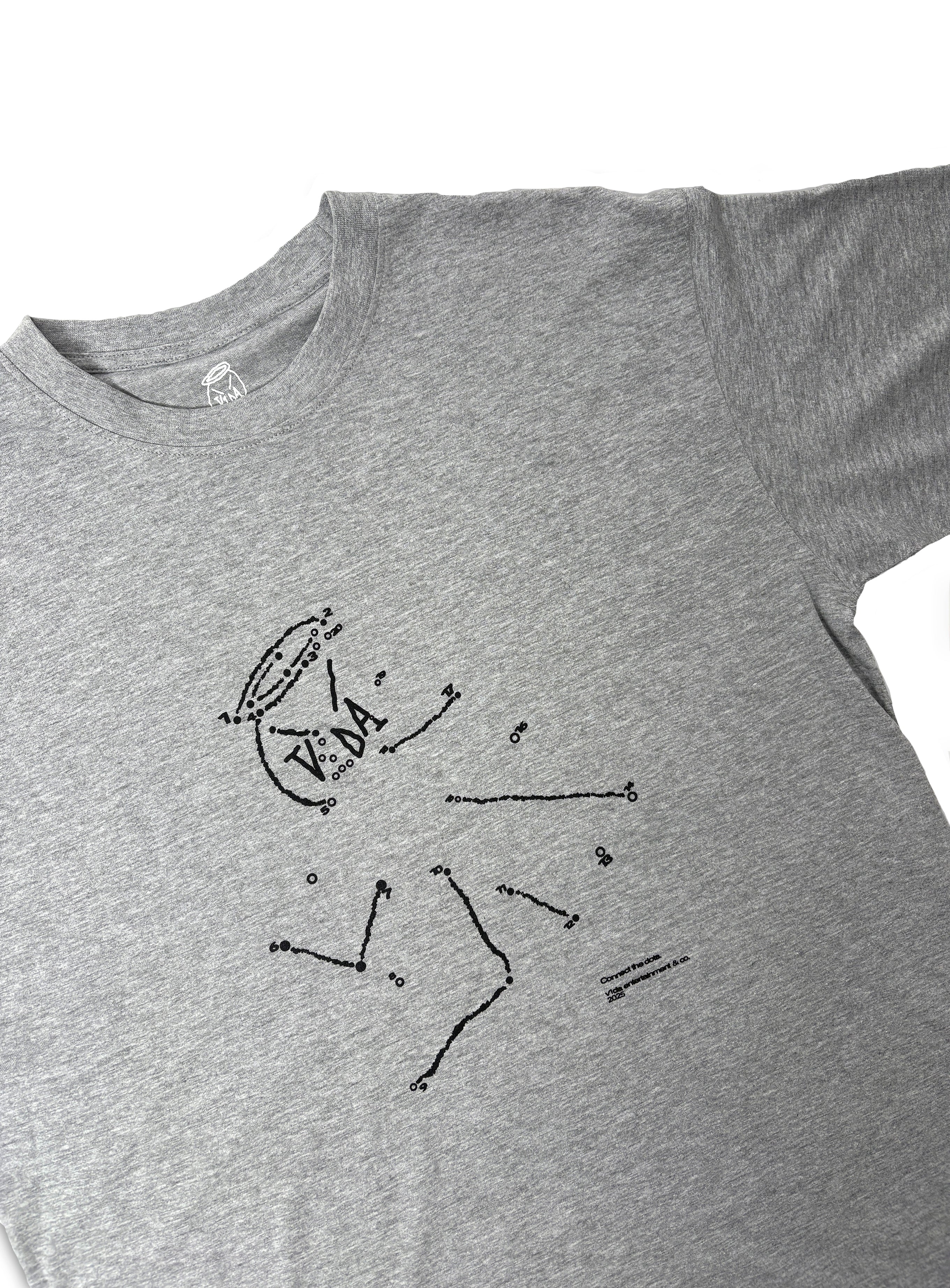 The V1da Connect The Dots T-shirt from LUXBMX is a gray cotton tee featuring a black dot-to-dot person with a "YAA" speech bubble and extended arms and legs—a playful nod to top BMX brands.