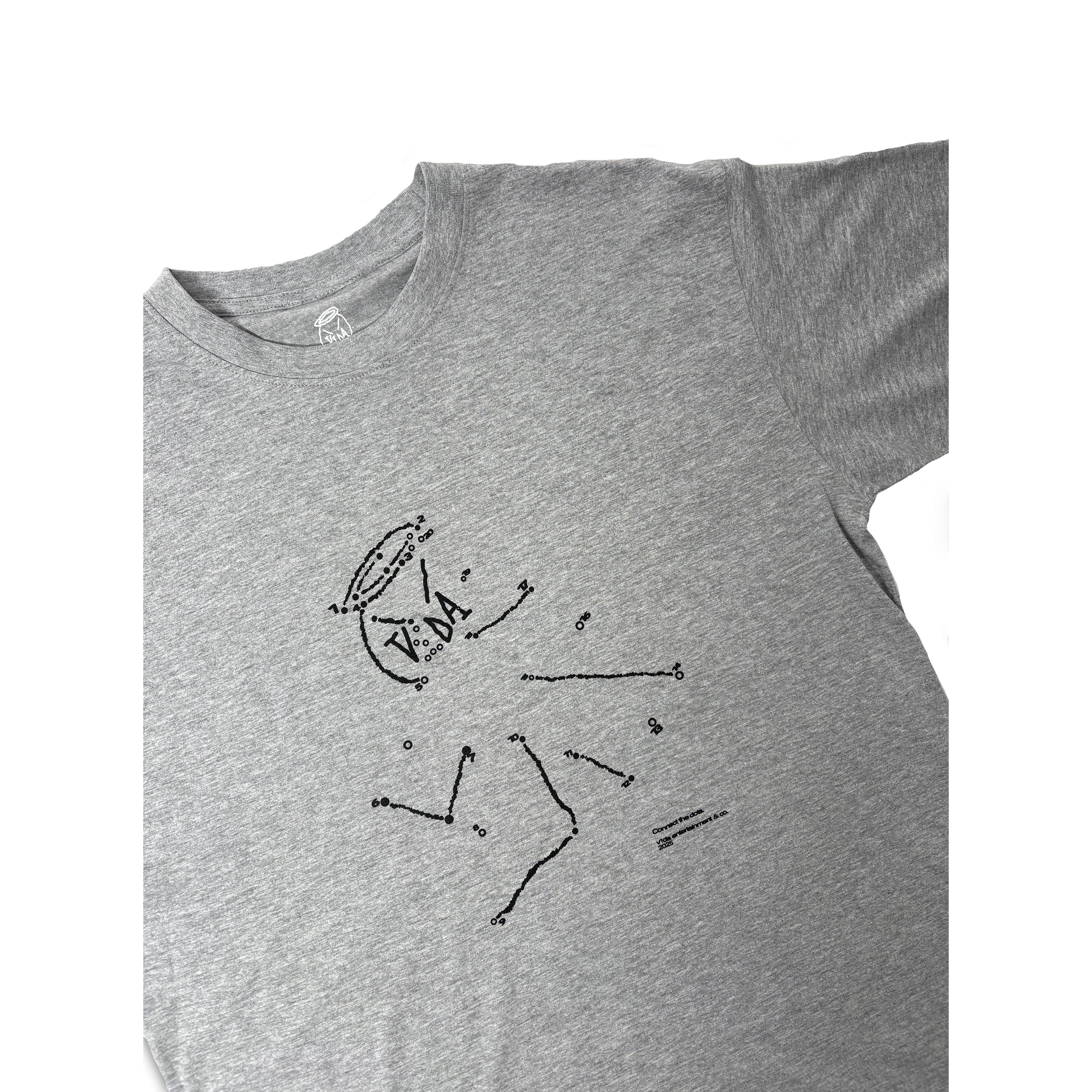 The V1da Connect The Dots T-shirt from LUXBMX is a gray cotton tee featuring a black dot-to-dot person with a "YAA" speech bubble and extended arms and legs—a playful nod to top BMX brands.