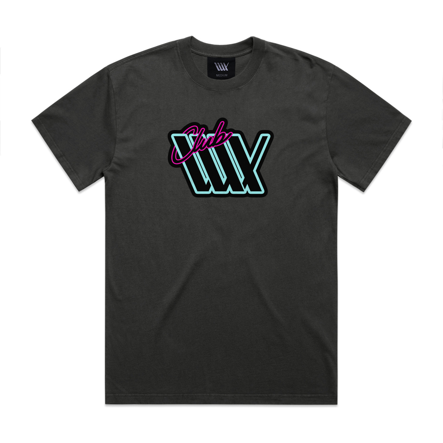 LUXBMX Club LUX Tee Faded Coal is a black heavyweight cotton t-shirt featuring the "Club WXY" logo in neon blue and pink script on the chest, channeling a classic retro neon vibe.