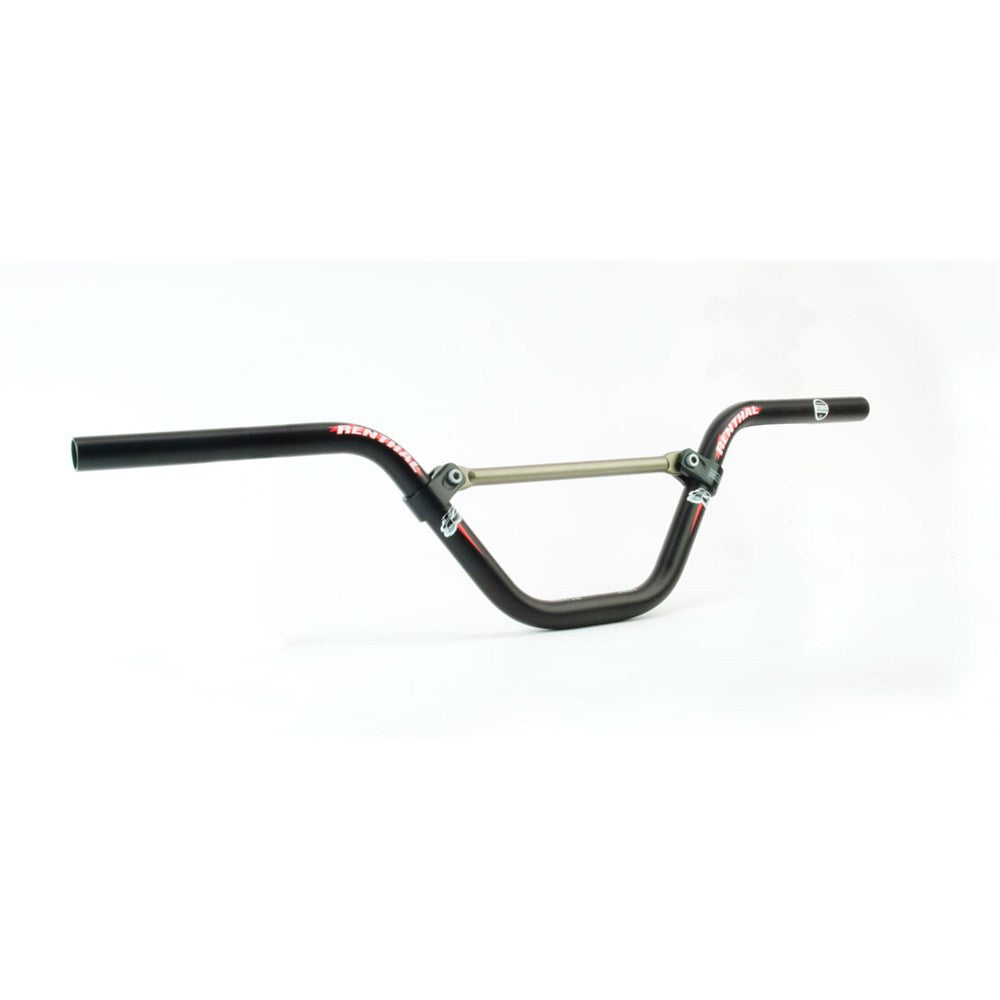 The Renthal Moto 24 Cruiser BMX Bars feature a sleek black finish with a cross brace and red branding on both sides. Built for durability, these handlebars are constructed from lightweight aluminum for optimal BMX racing performance.