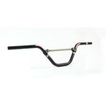 The Renthal Moto 24 Cruiser BMX Bars feature a sleek black finish with a cross brace and red branding on both sides. Built for durability, these handlebars are constructed from lightweight aluminum for optimal BMX racing performance.