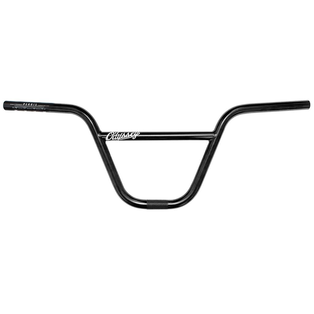 Black chromoly BMX handlebar with a crossbar, “Odyssey Perris Bars (Perris Benagas)” branding in white lettering on the front, inspired by the classic Odyssey handlebar style.